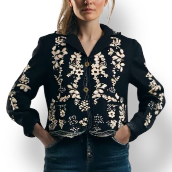 Vintage 90s Embroidered Jean Jacket Black Denim Tan Floral Cropped Boho Small - Picture 1 of 14